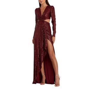 Mac Duggal 26739 Sequined Long Sleeve Cut Out Evening Gown Wine Red Size 8 Dress